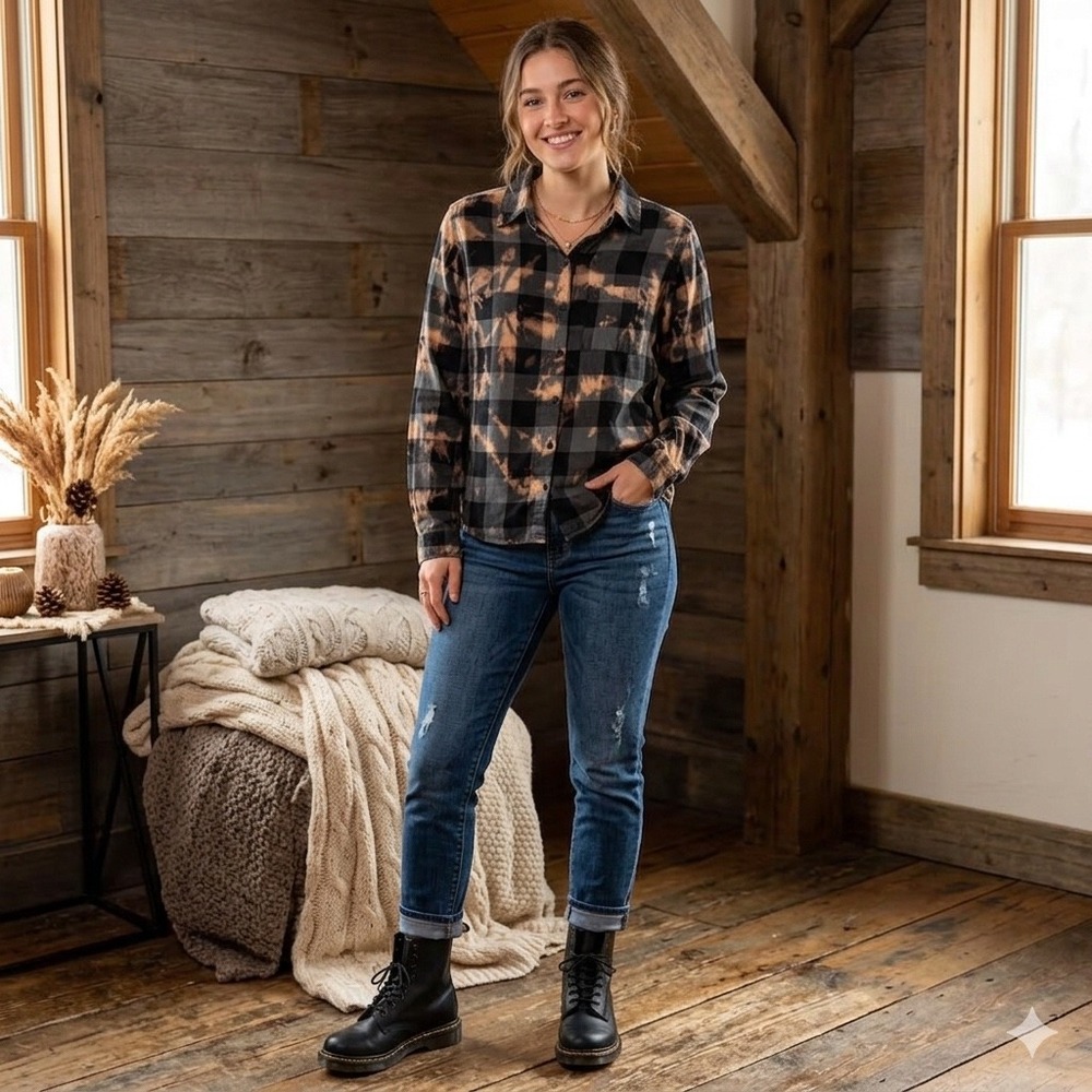 Mickey Mouse Bleached Flannel Shirt Womens Custom Plaid Buffalo Check Black Grey